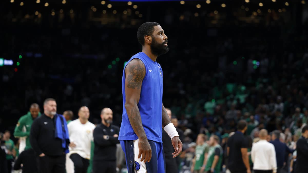 Dallas Mavericks guard Kyrie Irving (11) looks on before game two of the 2024 NBA Finals between the Boston Celtics and the Dallas Mavericks at TD Garden.